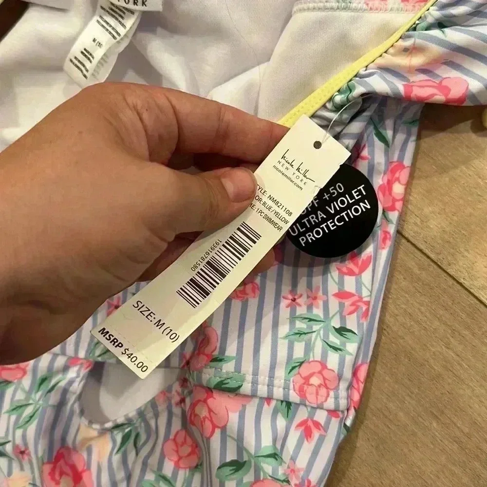 4/$25 NWT Nicole Miller One Piece Floral Striped Pom Pom Swim Suit Girls M (10)